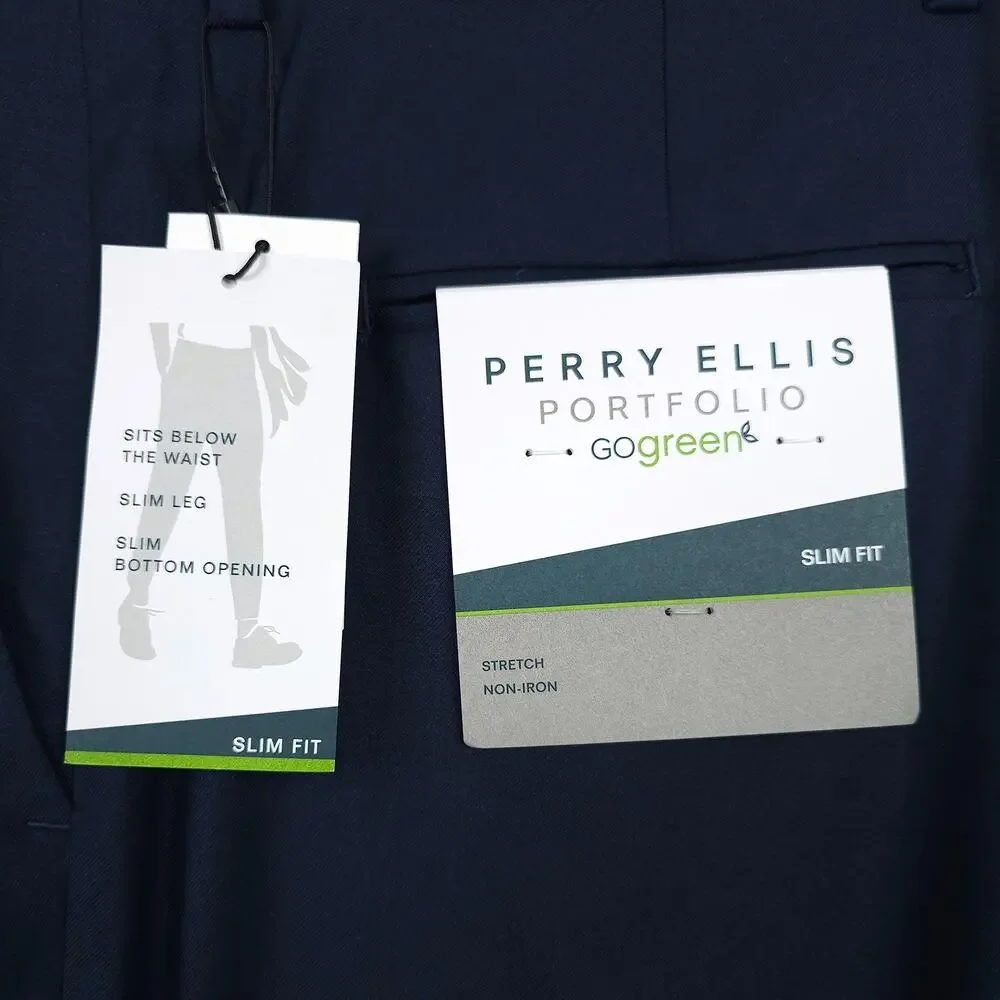 Perry Ellis Mens Slim Fit Dress Pants 38x32 Dark Blue Solid Stretch Micro Twill